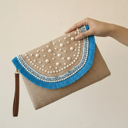 Maison Dalal Boho Linen Clutch Bag (Blue Mirage)