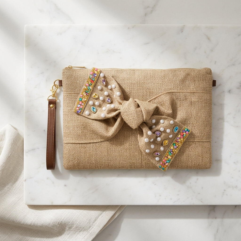 Boho Linen Clutch Bag (Bow 4) + 1 FREE gold metal strap (1 meter)