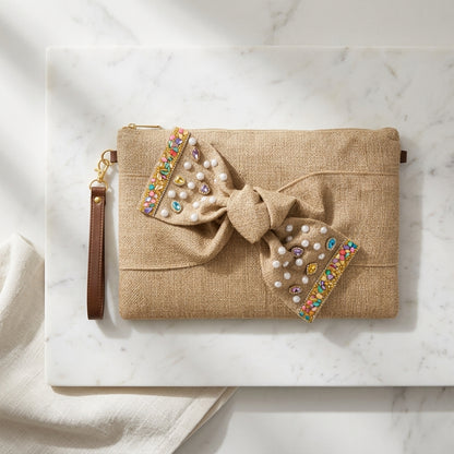 Boho Linen Clutch Bag (Bow 4) + 1 FREE gold metal strap (1 meter)