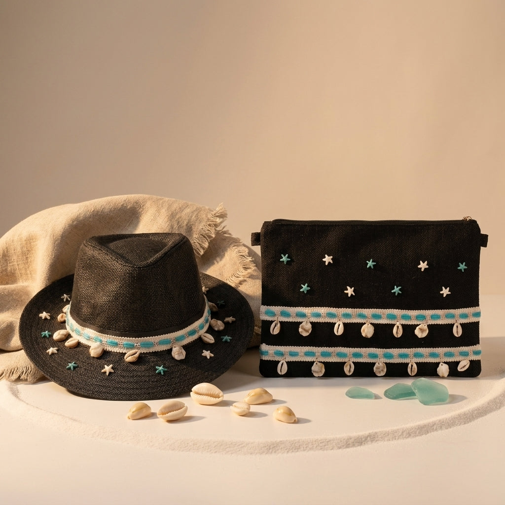 Cowboy Sun Hat + Boho Linen Clutch Bag + 1 FREE metal strap (COMBO)