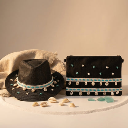 Cowboy Sun Hat + Boho Linen Clutch Bag + 1 FREE metal strap (COMBO)
