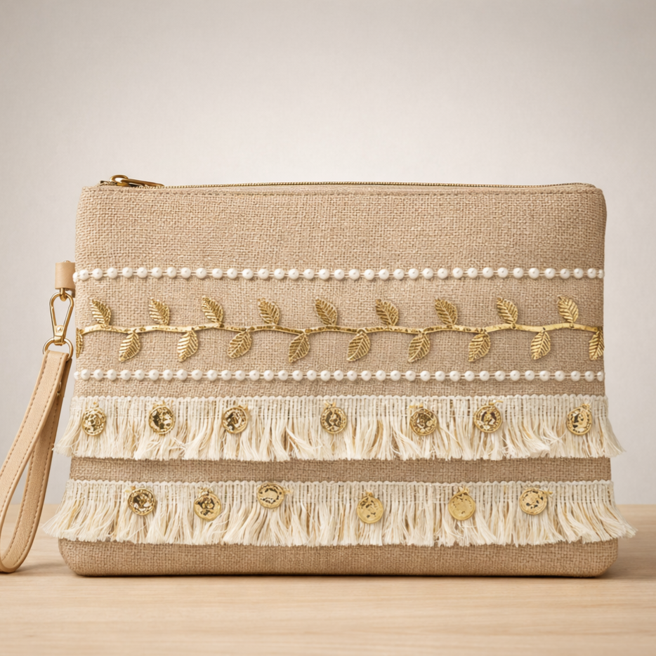 Boho Linen Clutch Bag (Gold Vine Fringe) + 1 FREE gold metal strap (1 meter)