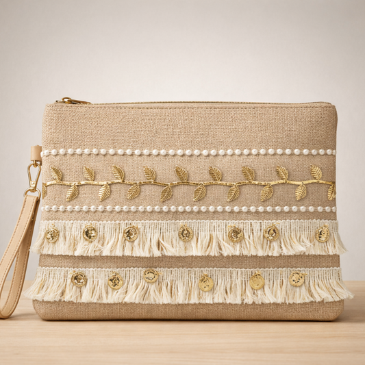 Boho Linen Clutch Bag (Gold Vine Fringe) + 1 FREE gold metal strap (1 meter)