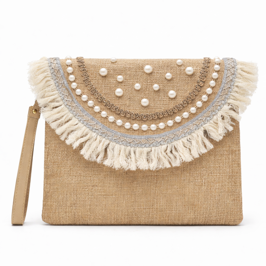 Boho Linen Clutch Bag (Pearly Fringe) + 1 FREE gold metal strap (1 meter)