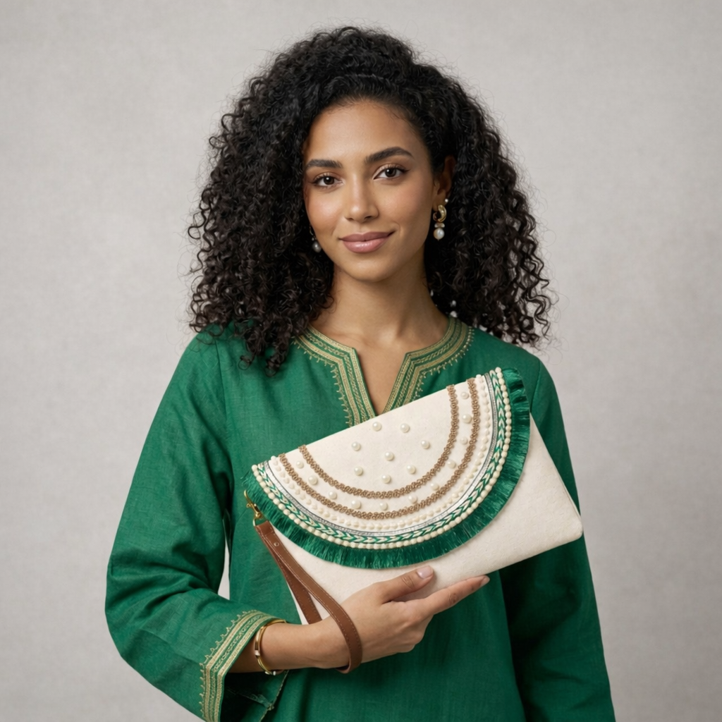 Boho Linen Clutch Bag (Royal Green) + 1 FREE gold metal strap (1 meter)