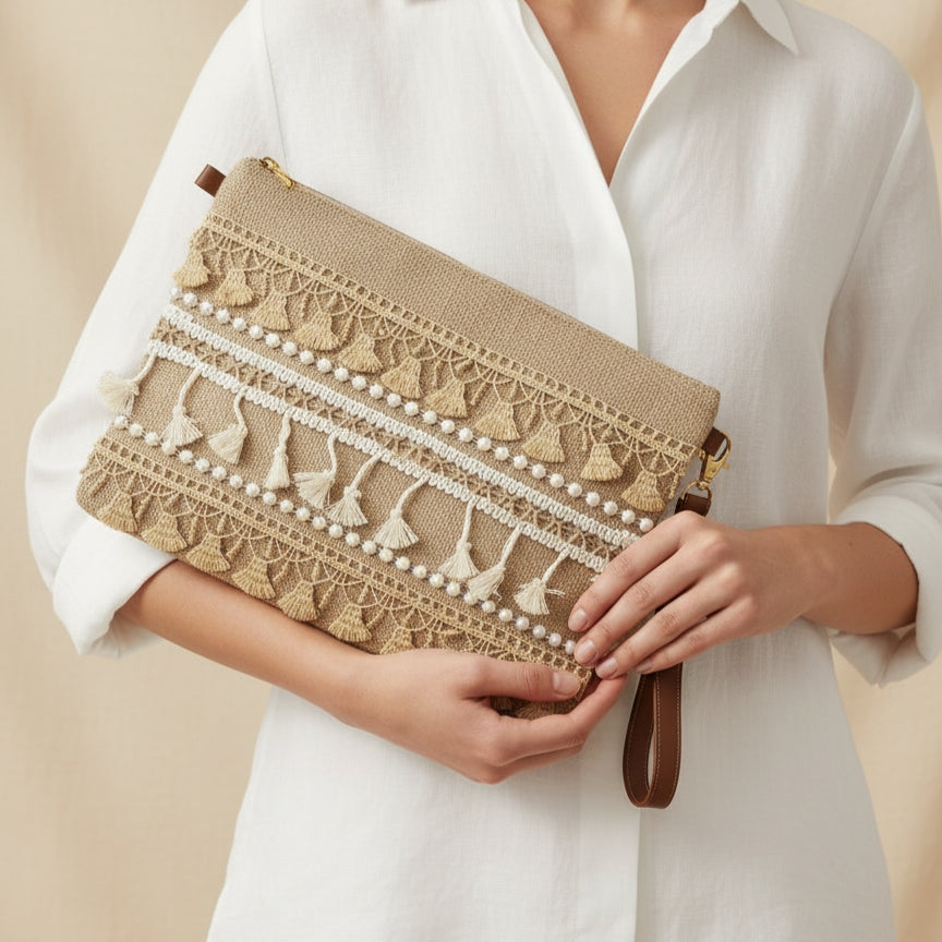 Boho Linen Clutch Bag (Sahara Tassel) + 1 FREE gold metal strap (1 meter)