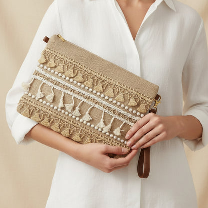 Boho Linen Clutch Bag (Sahara Tassel) + 1 FREE gold metal strap (1 meter)