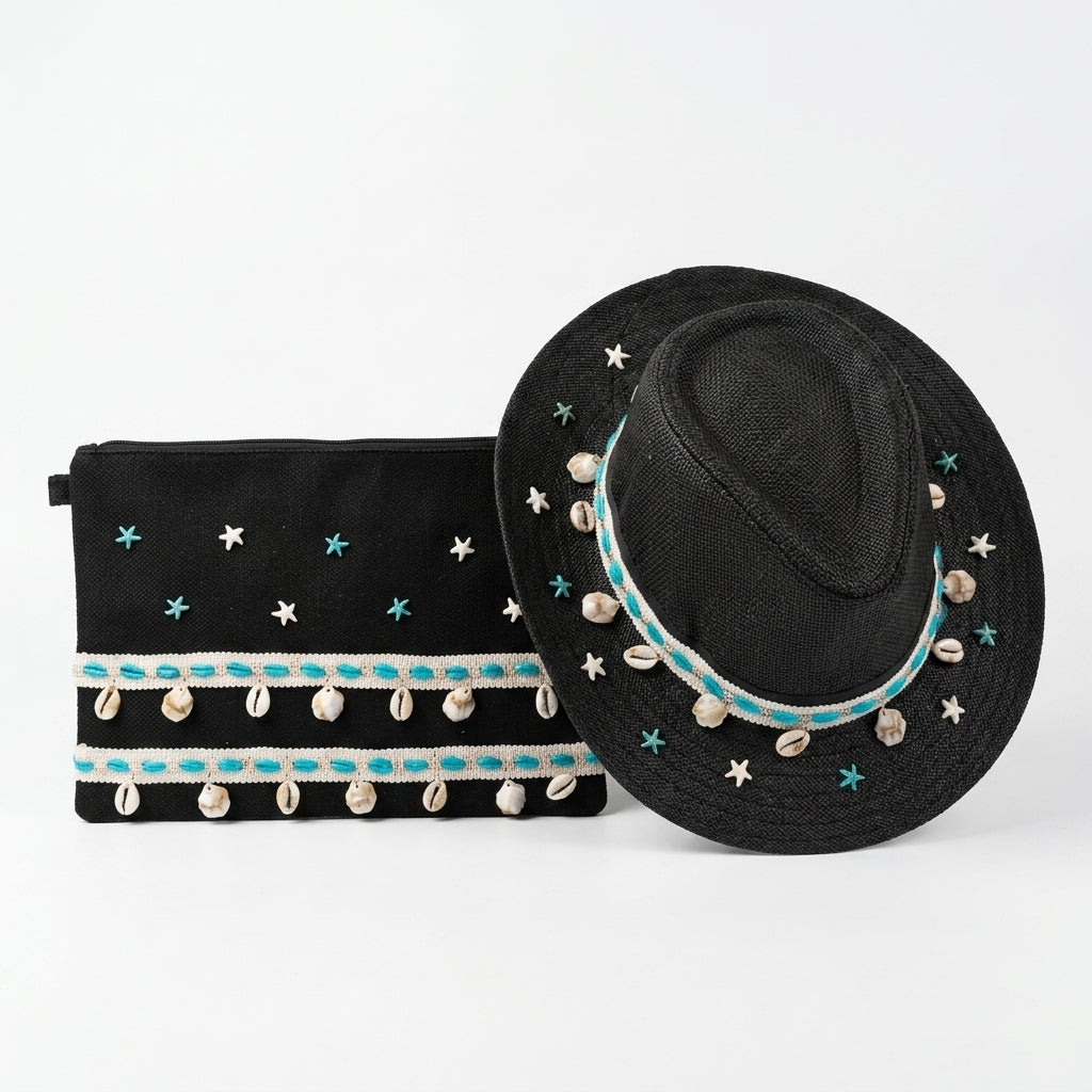 Cowboy Sun Hat + Boho Linen Clutch Bag + 1 FREE metal strap (COMBO)