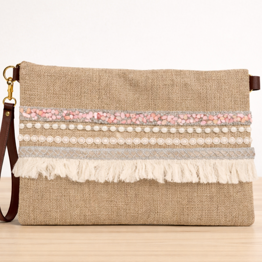 Boho Linen Clutch Bag (Classy Pink) + 1 FREE exclusive gold/white metal strap (1 meter)