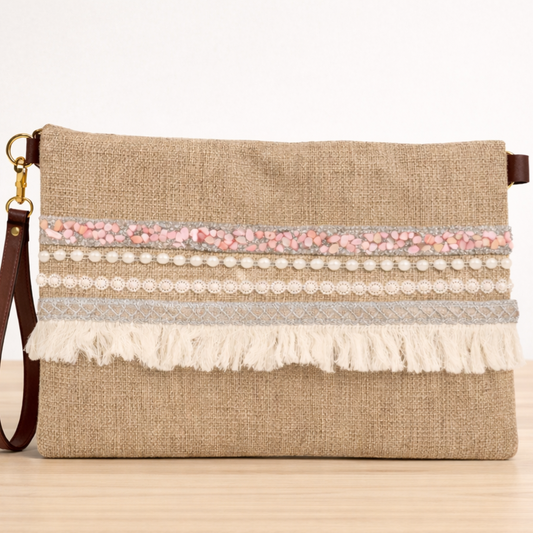 Boho Linen Clutch Bag (Classy Pink) + 1 FREE exclusive gold/white metal strap (1 meter)