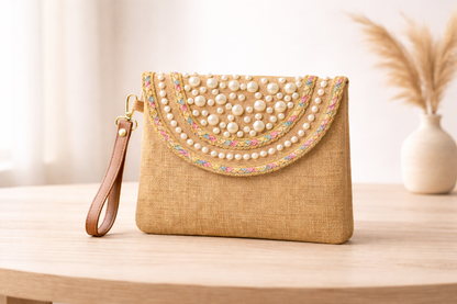Boho Linen Clutch Bag (Beige Pearls) + 1 FREE gold metal strap (1 meter)