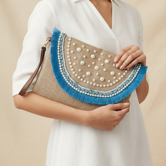 Maison Dalal Boho Linen Clutch Bag (Blue Mirage)