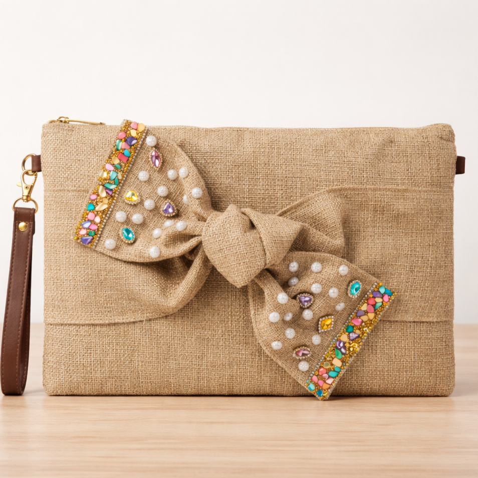 Boho Linen Clutch Bag (Bow 4) + 1 FREE gold metal strap (1 meter)