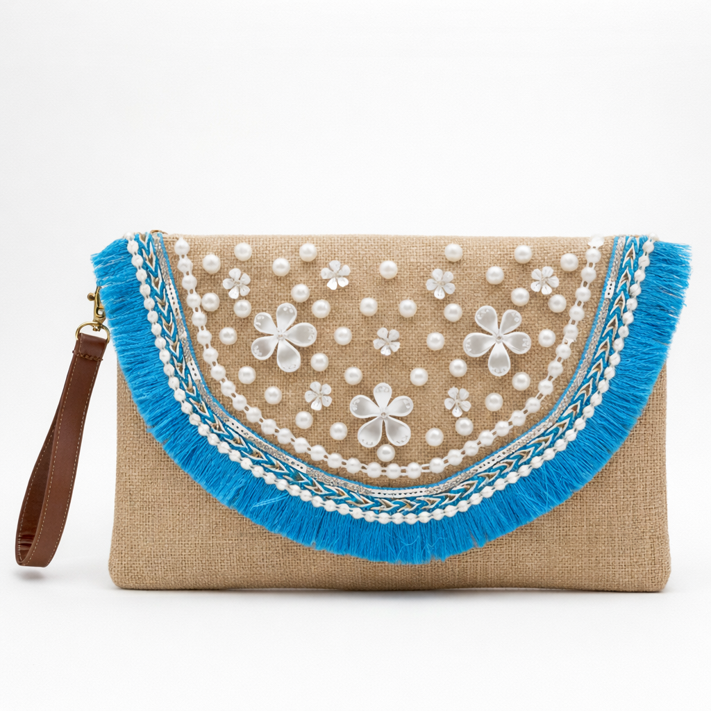 Maison Dalal Boho Linen Clutch Bag (Blue Mirage 2)