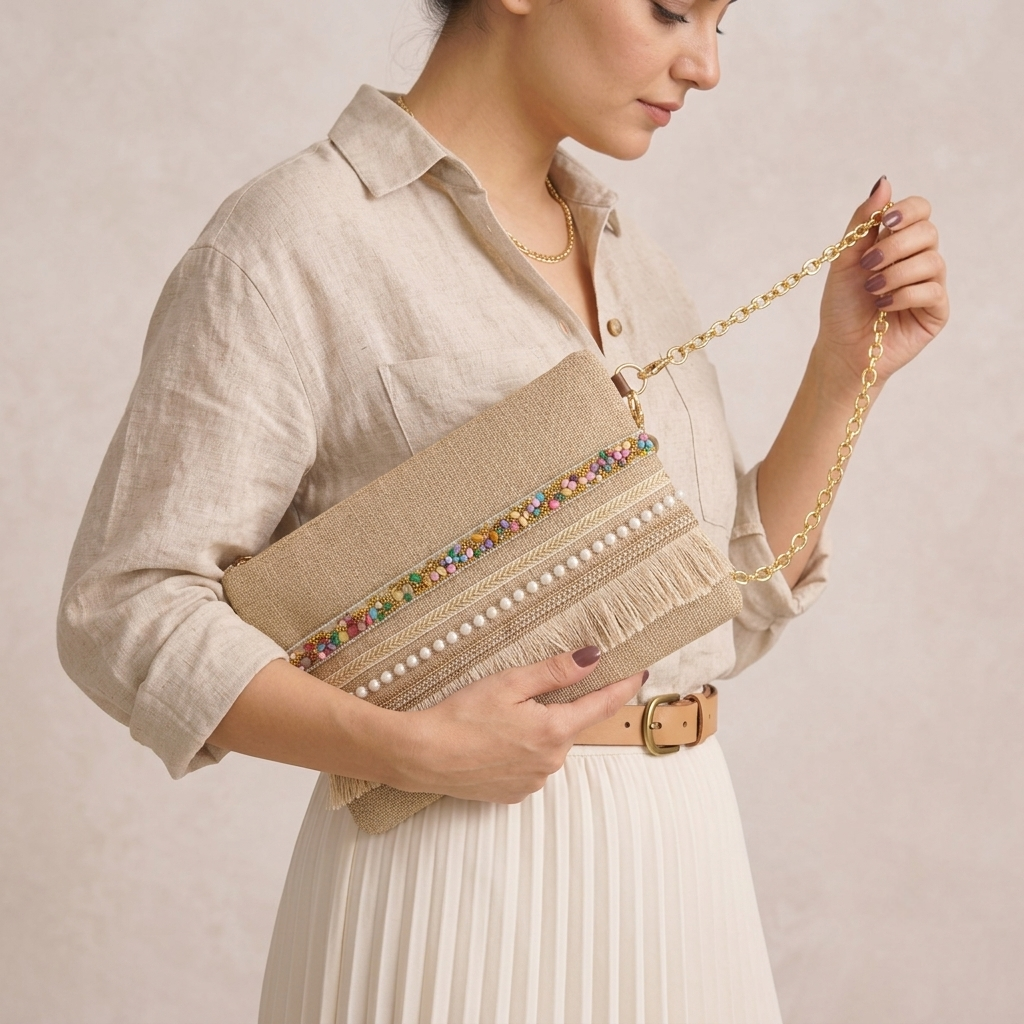 Boho Linen Clutch Bag (Bright Day) + 1 FREE gold metal strap (1 meter)