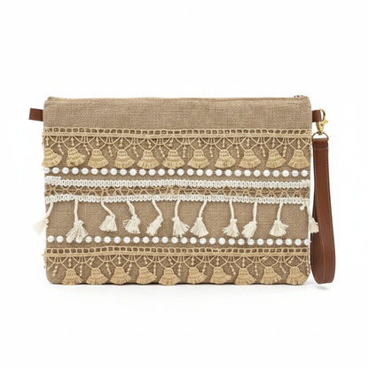 Boho Linen Clutch Bag (Sahara Tassel) + 1 FREE gold metal strap (1 meter)