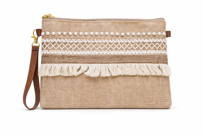 Boho Linen Clutch Bag (White Stripes) + 1 FREE gold metal strap (1 meter)