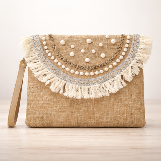 Boho Linen Clutch Bag (Pearly Fringe) + 1 FREE gold metal strap (1 meter)