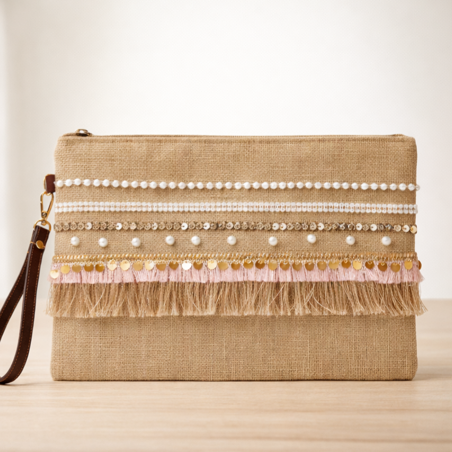 Boho Linen Clutch Bag (Pink Hints) + 1 FREE gold metal strap (1 meter)
