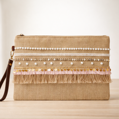 Boho Linen Clutch Bag (Pink Hints) + 1 FREE gold metal strap (1 meter)