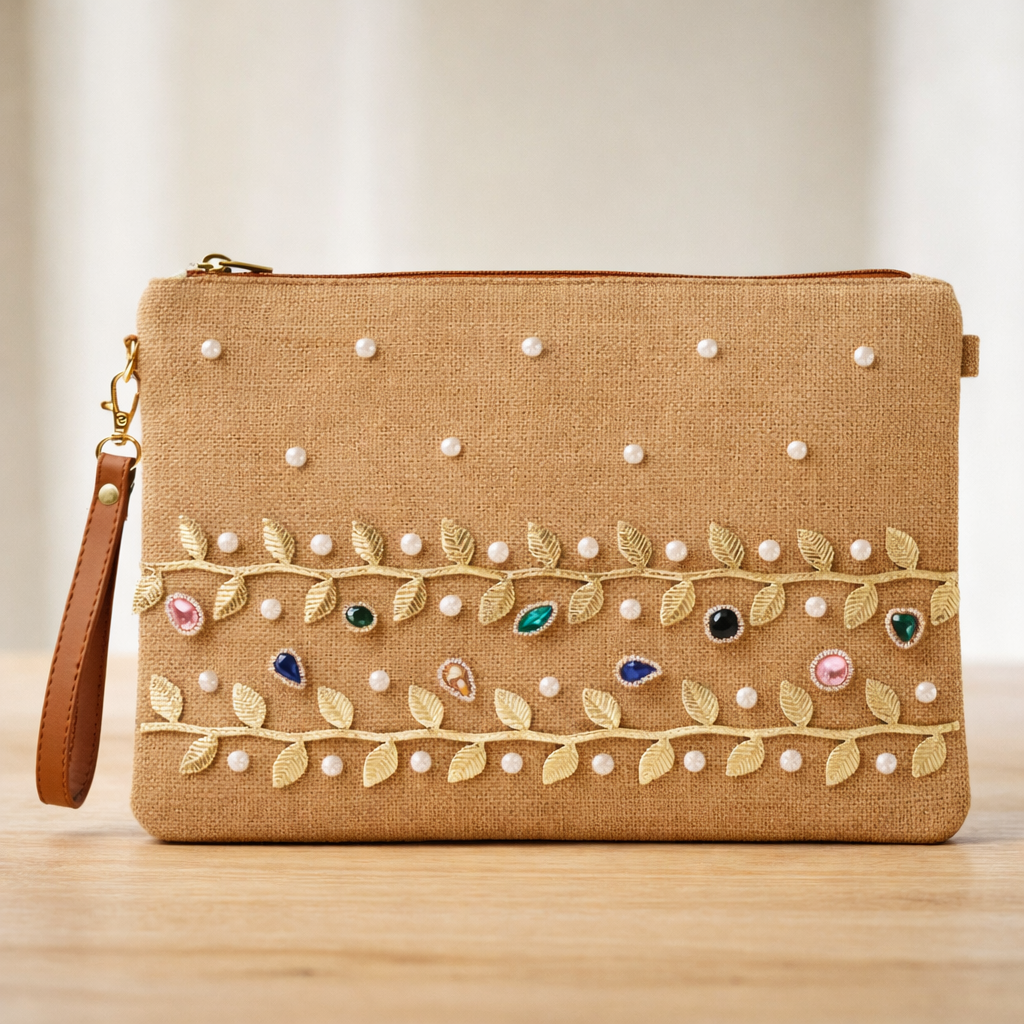 Boho Linen Clutch Bag (Golden Vine) + 1 FREE gold metal strap (1 meter)