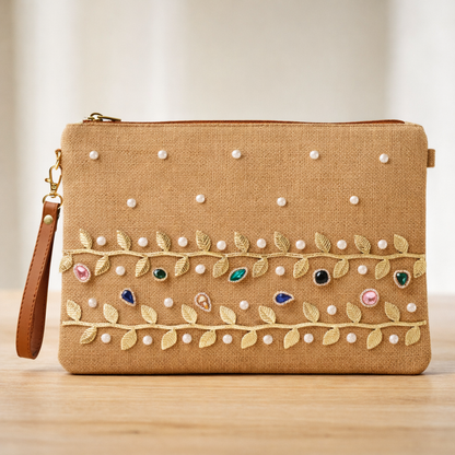 Boho Linen Clutch Bag (Golden Vine) + 1 FREE gold metal strap (1 meter)