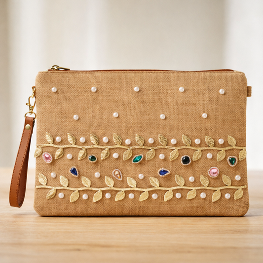Boho Linen Clutch Bag (Golden Vine) + 1 FREE gold metal strap (1 meter)