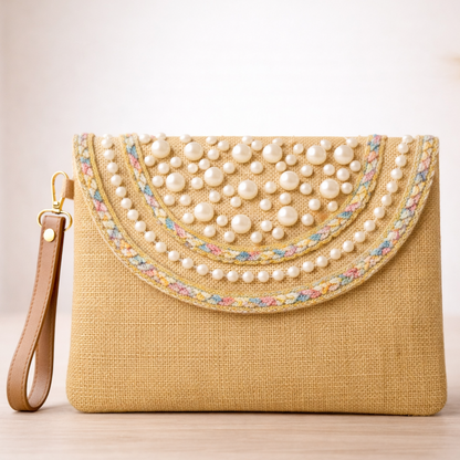 Boho Linen Clutch Bag (Beige Pearls) + 1 FREE gold metal strap (1 meter)