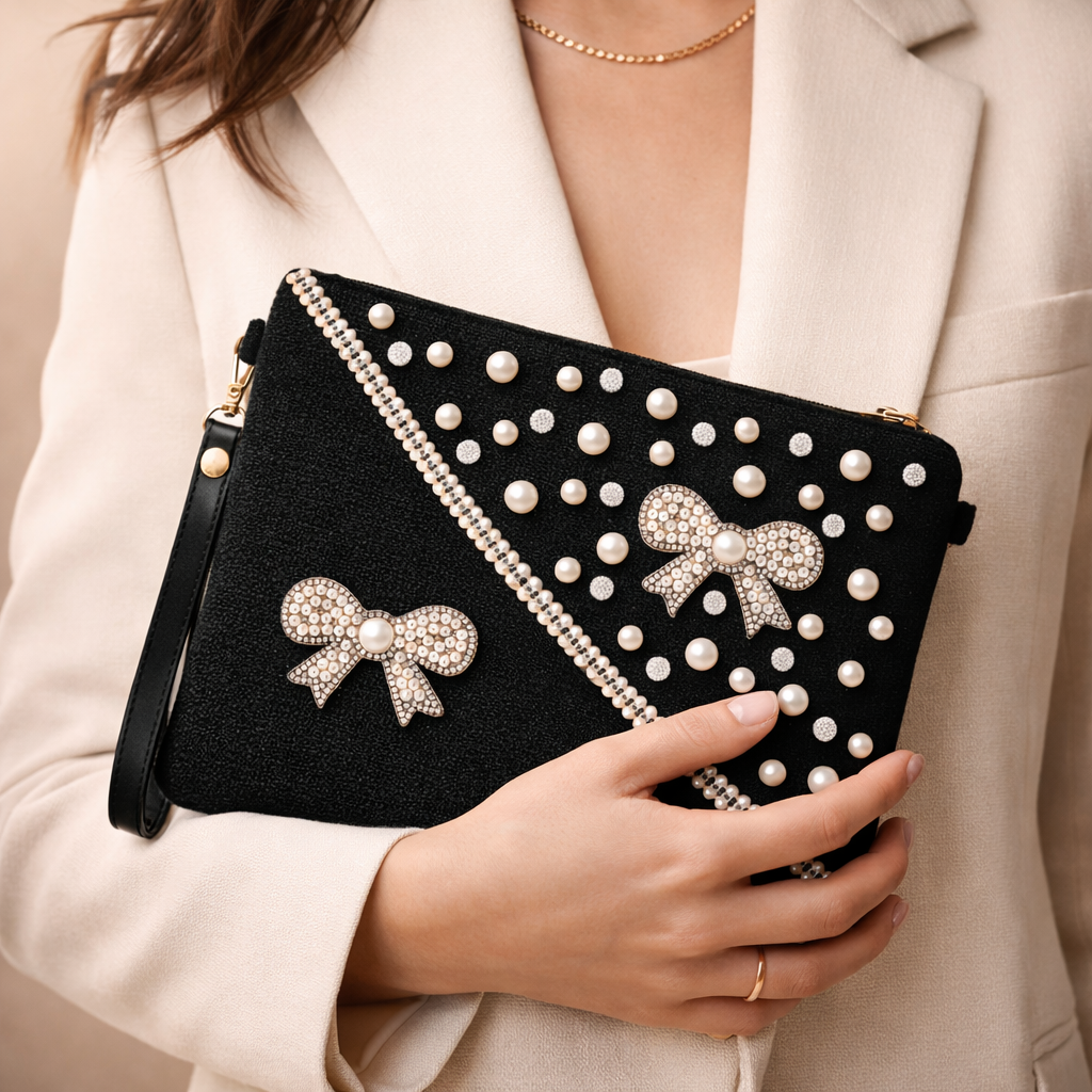 Boho Linen Clutch Bag (Sophisticated Black) + 1 FREE black metal strap (1 meter)