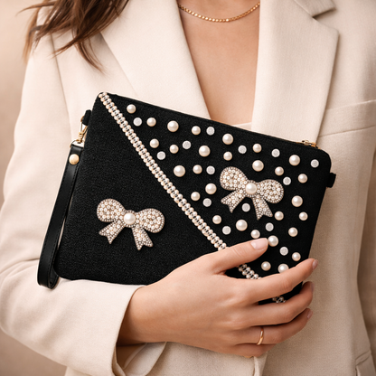 Boho Linen Clutch Bag (Sophisticated Black) + 1 FREE black metal strap (1 meter)