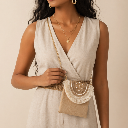 Boho Linen Phone Bag + 1 FREE gold metal strap (1 meter)