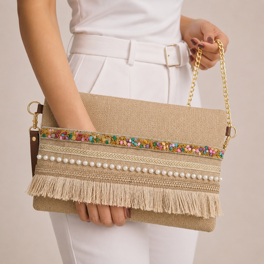 Boho Linen Clutch Bag (Bright Day) + 1 FREE gold metal strap (1 meter)