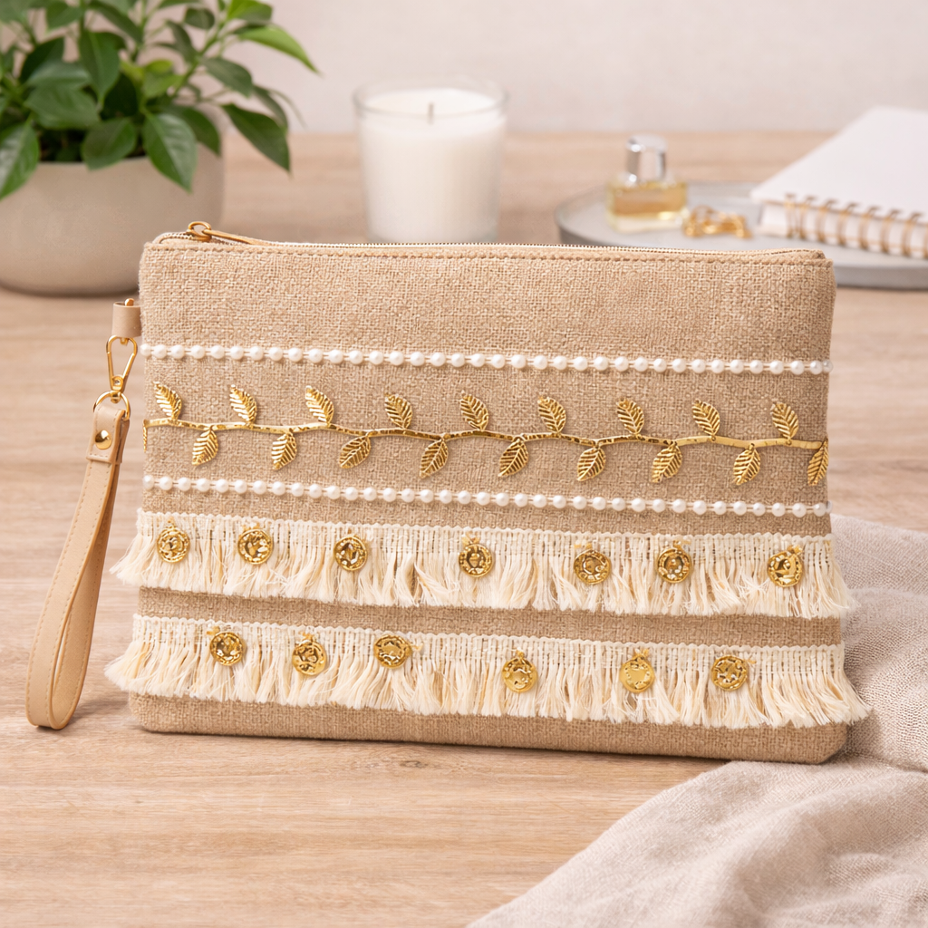 Boho Linen Clutch Bag (Gold Vine Fringe) + 1 FREE gold metal strap (1 meter)