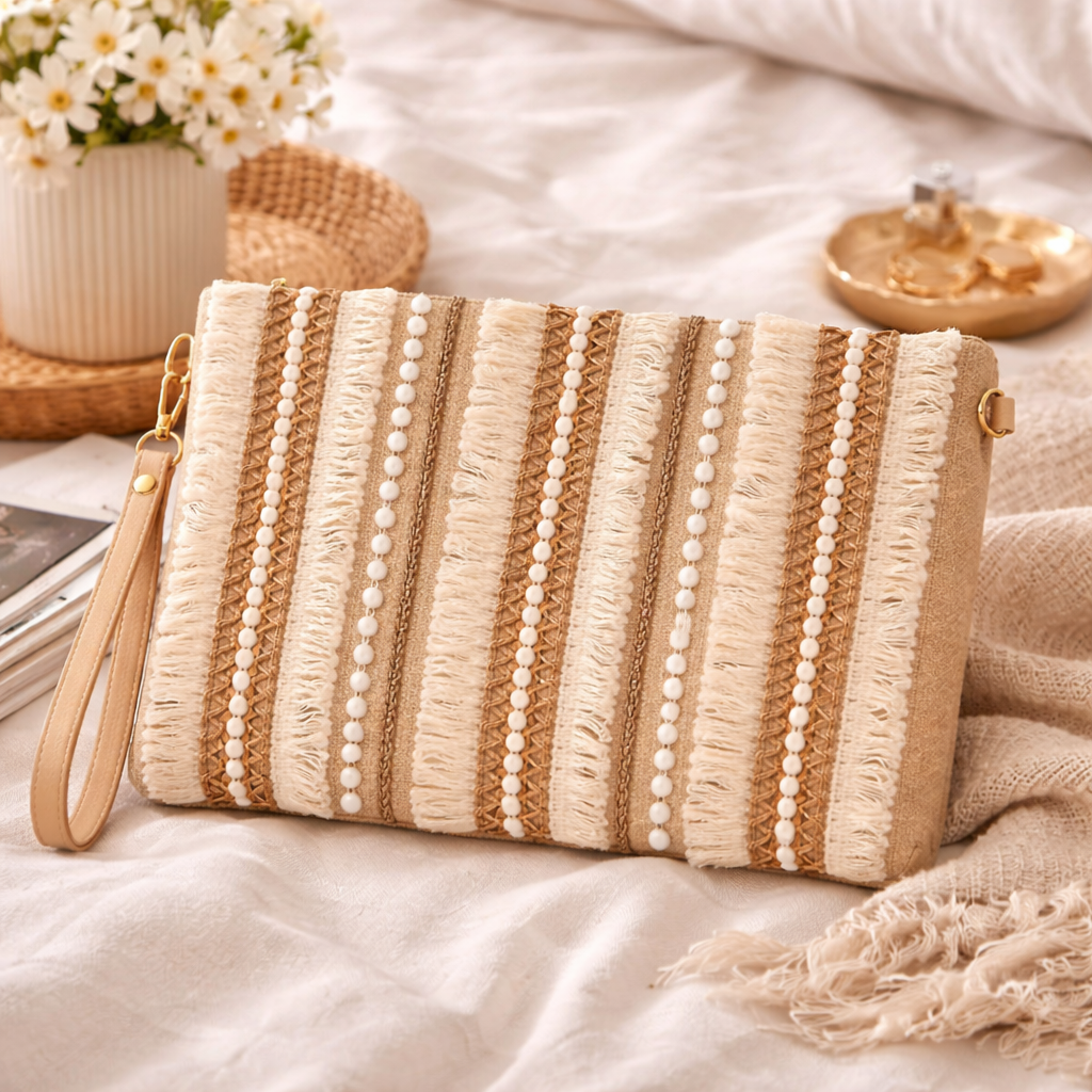 Boho Linen Clutch Bag (Tribal Stripe) + 1 FREE gold metal strap (1 meter)