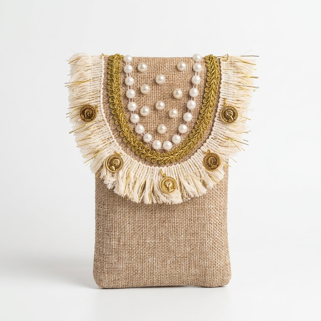 Boho Linen Phone Bag + 1  FREE 1-meter gold metal strap