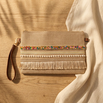 Boho Linen Clutch Bag (Bright Day) + 1 FREE gold metal strap (1 meter)