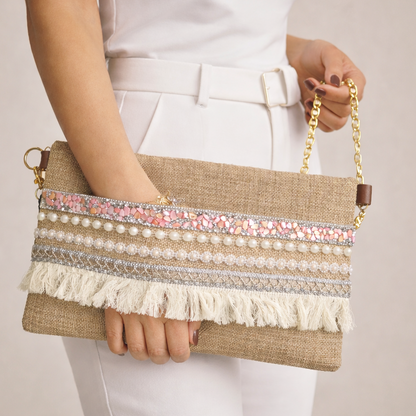 Boho Linen Clutch Bag (Classy Pink) + 1 FREE exclusive gold/white metal strap (1 meter)