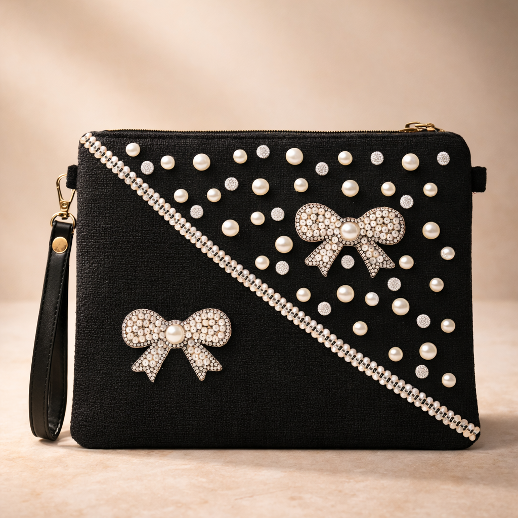 Boho Linen Clutch Bag (Sophisticated Black) + 1 FREE black metal strap (1 meter)