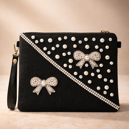 Boho Linen Clutch Bag (Sophisticated Black) + 1 FREE black metal strap (1 meter)