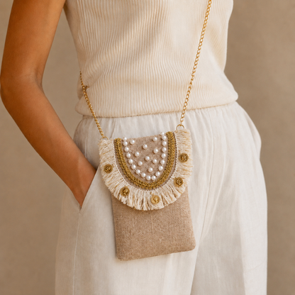 Boho Linen Phone Bag + 1  FREE 1-meter gold metal strap