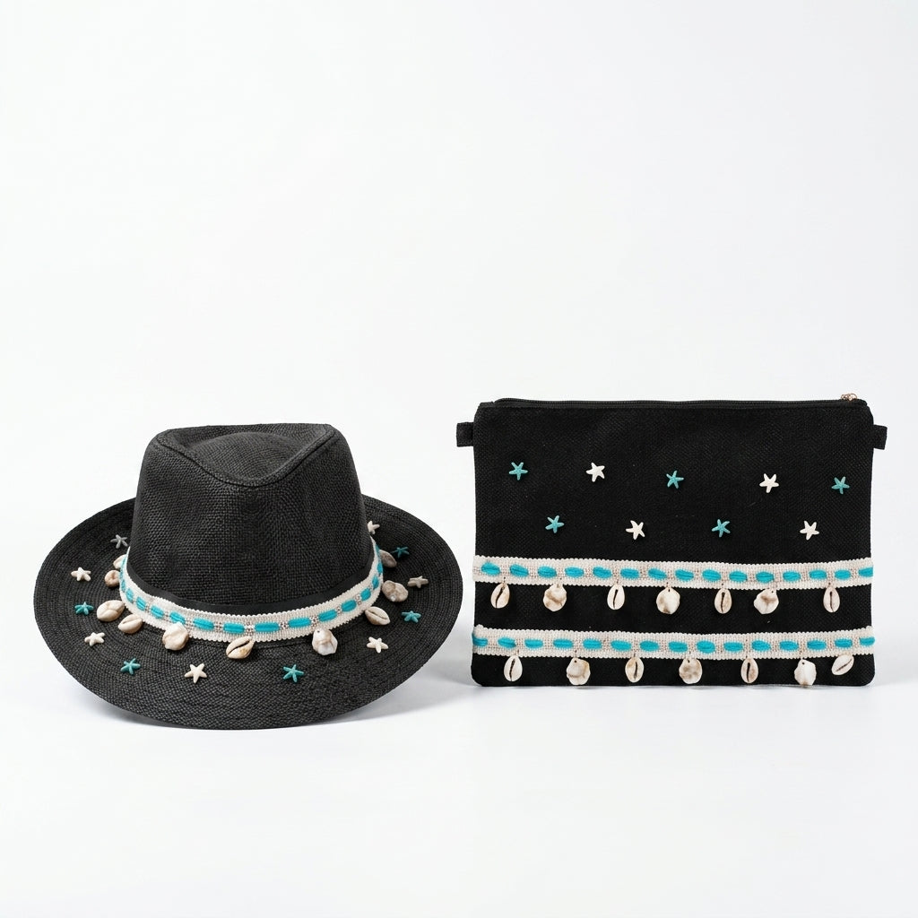 Cowboy Sun Hat + Boho Linen Clutch Bag + 1 FREE metal strap (COMBO)