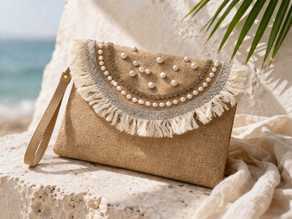 Boho Linen Clutch Bag (Pearly Fringe) + 1 FREE gold metal strap (1 meter)