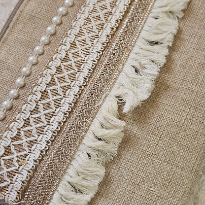 Boho Linen Clutch Bag (White Stripes) + 1 FREE gold metal strap (1 meter)