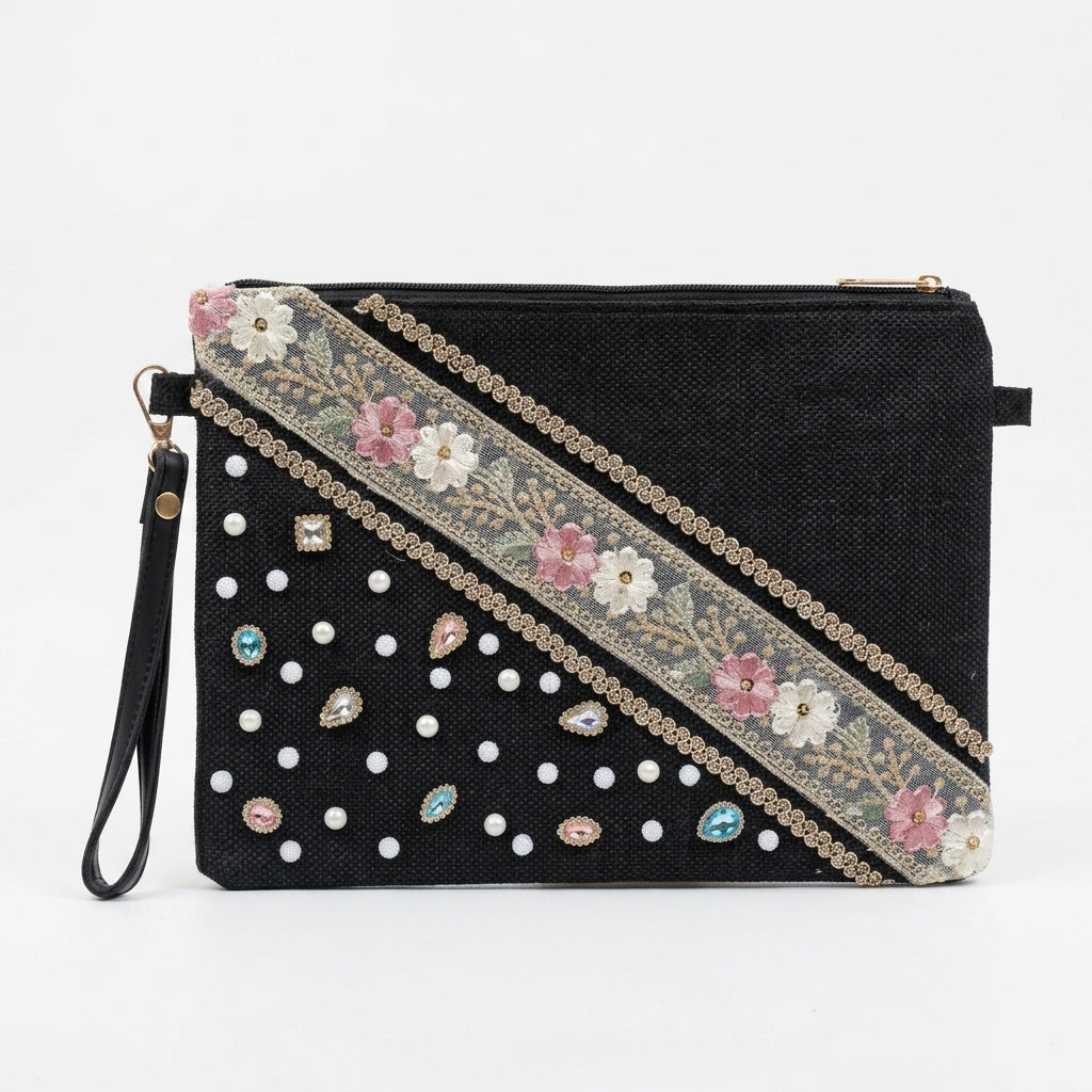 Boho Linen Clutch Bag (Chic Garden) + 1 FREE metal strap (1 meter)