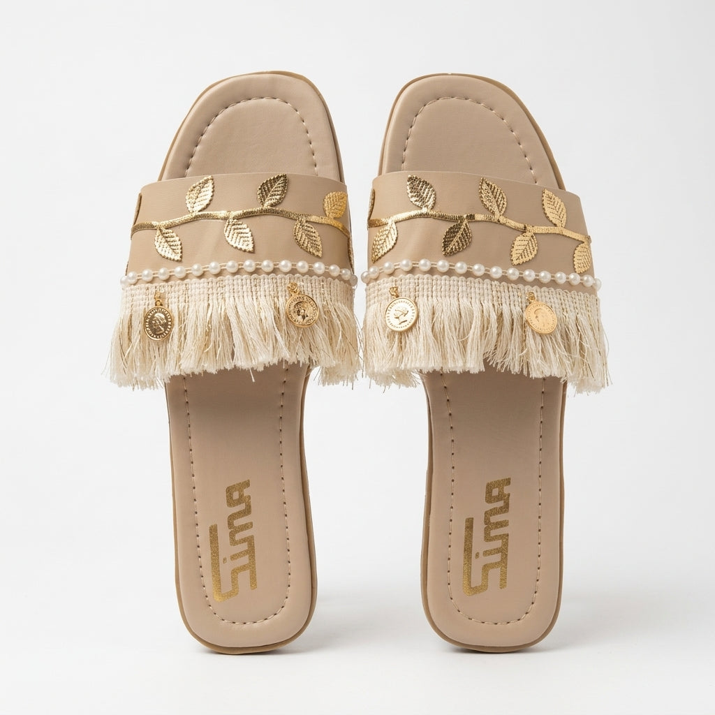 Boho Faux Leather Slippers/Sandals (Pearl Fringe)