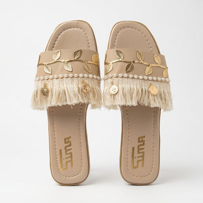 Boho Faux Leather Slippers/Sandals (Pearl Fringe)